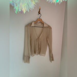 Pull & Bear Sheer Tan Tie Front Blouse Top Size Large